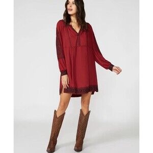 Stetson Wine Crepe Long Bloused Dress Embroidered Long Sleeve Western Size XS